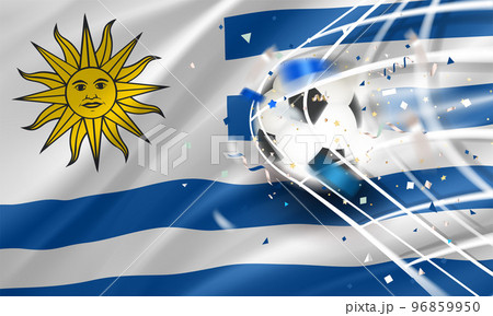 The ball in the soccer net. Goal vector concept with flag of Uruguay. 3d vector banner with blur effect The ball in the soccer net. Goal vector concept with flag of Uruguay. 3d vector banner with blur effect 96859950