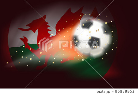 Flying soccer ball with flag of Wales. 3d vector illustration Flying soccer ball with flag of Wales. 3d vector illustration 96859953