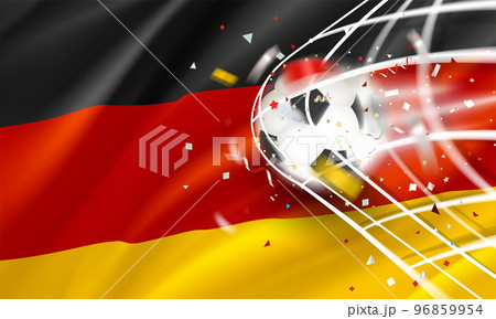 The ball in the soccer net. Goal vector concept with flag of Germany. 3d vector banner with blur effect The ball in the soccer net. Goal vector concept with flag of Germany. 3d vector banner with blur effect 96859954