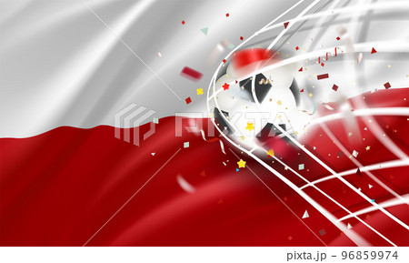 The ball in the soccer net. Goal vector concept with flag of Poland. 3d vector banner with blur effect The ball in the soccer net. Goal vector concept with flag of Poland. 3d vector banner with blur effect 96859974