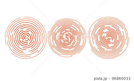 Red concentric ripple circles set. Sonar or sound wave rings collection. Epicentre, target, radar, vibration element concepts. Radial signal.  96860033
