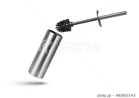 Black toilet brush isolated on white. Close-up of a toilet cleaning brush with metal elements to insert into a project or design. Metal brush for the toilet on a white background. 96860343