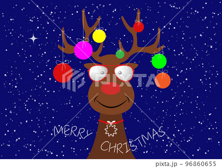 Festive Christmas hipster reindeer wearing Christmas tree with decorative colorful balls on his horns. Holiday theme for children, vector character flat design cartoon isolated on snowy background Festive Christmas hipster reindeer wearing Christmas tree with decorative colorful balls on his horns. Holiday theme for children, vector character flat design cartoon isolated on snowy background 96860655