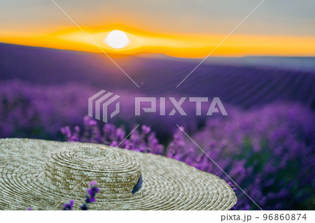 Close-up of a hat on lavender flowers on a sunset background. Love in the lavender concept 96860874