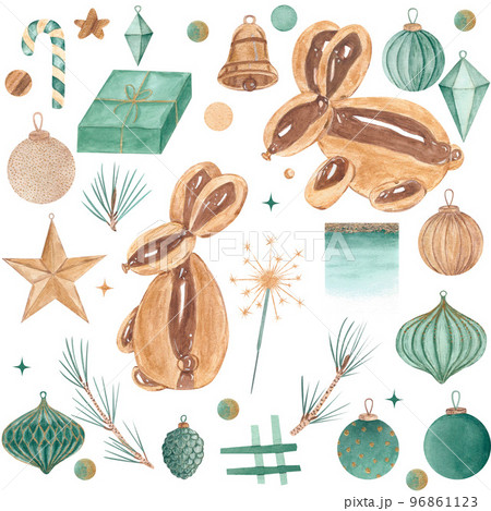 Set of Christmas illustrations. Bunny, tree,stars, sparkler and decorations. Hand drawn illustration. New year and Christmas design elements. Watercolor illustration for postcard,patterns and post . Set of Christmas illustrations. Bunny, tree,stars, sparkler and decorations. Hand drawn illustration. New year and Christmas design elements. Watercolor illustration for postcard,patterns and post . 96861123
