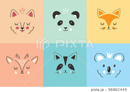Cute Animal face. Cartoon animals collection, dog, panda, fox, deer, raccoon and koala. Vector illustration 96862449