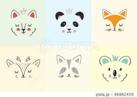 Cute Animal face. Cartoon animals collection, dog, panda, fox, deer, raccoon and koala. Vector illustration 96862450