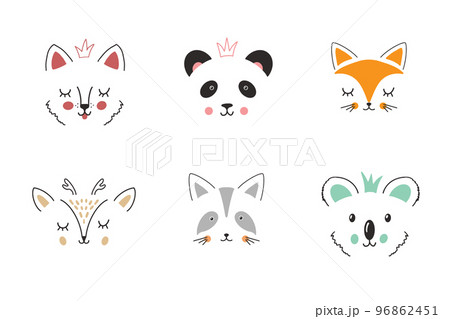 Cute Animal face. Cartoon animals collection, dog, panda, fox, deer, raccoon and koala. Vector illustration 96862451