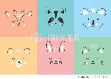 Cute Animal face. Cartoon animals collection, deer, raccoon, koala, bear, rabbit and cat. Vector illustration Cute Animal face. Cartoon animals collection, deer, raccoon, koala, bear, rabbit and cat. Vector illustration 96862452