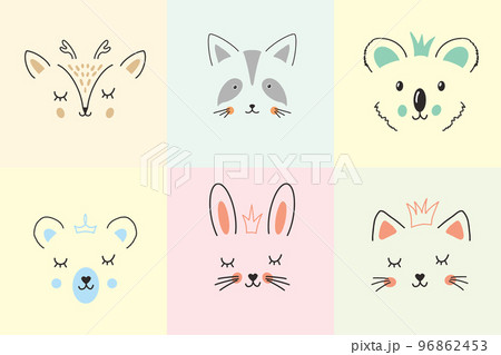 Cute Animal face. Cartoon animals collection, deer, raccoon, koala, bear, rabbit and cat. Vector illustration Cute Animal face. Cartoon animals collection, deer, raccoon, koala, bear, rabbit and cat. Vector illustration 96862453