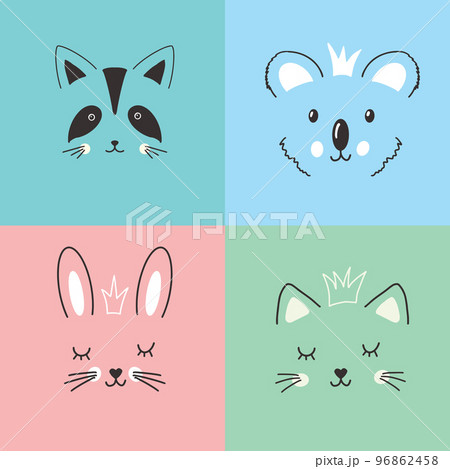 Cute Animal face. Cartoon animals collection, raccoon, koala, rabbit and cat. Vector illustration 96862458