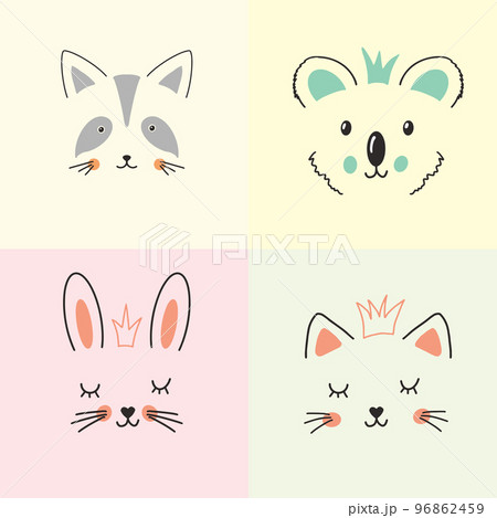 Cute Animal face. Cartoon animals collection, raccoon, koala, rabbit and cat. Vector illustration 96862459
