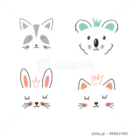 Cute Animal face. Cartoon animals collection, raccoon, koala, rabbit and cat. Vector illustration Cute Animal face. Cartoon animals collection, raccoon, koala, rabbit and cat. Vector illustration 96862460
