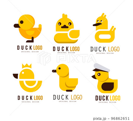 Yellow Duck Logo Design with Toy Rubber Duckling Vector Set 96862651