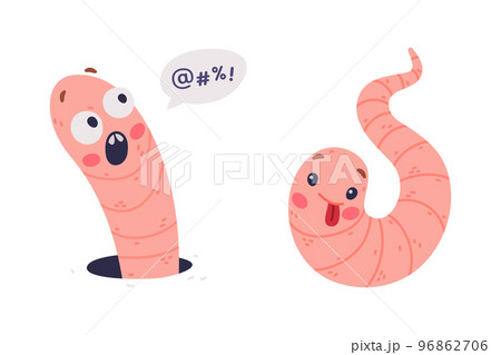 Funny Pink Worm Character with Long Tube Body Shouting with Fear and Showing Tongue Vector Set 96862706