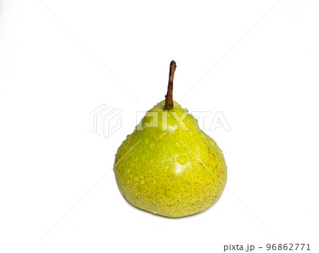 Pear Pakham on a white background.Pear in water droplets.  A fragrant variety of pears. 96862771