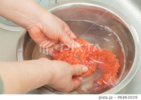 【イクラの醤油漬けを作るために、塩を入れたぬるま湯に生イクラを入れほぐす】 96863039