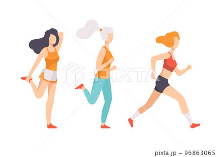 Young Woman Running Marathon Engaged in Sport Training Vector Set 96863065