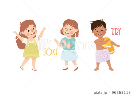 Little Boy and Girl Joking and Drying Body with Towel Demonstrating Vocabulary and Verb Studying Vector Set 96863118