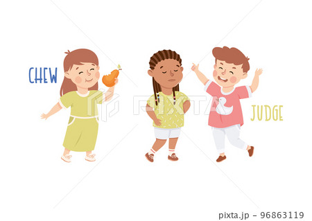 Little Boy and Girl Chewing Pear and Judging Demonstrating Vocabulary and Verb Studying Vector Set 96863119