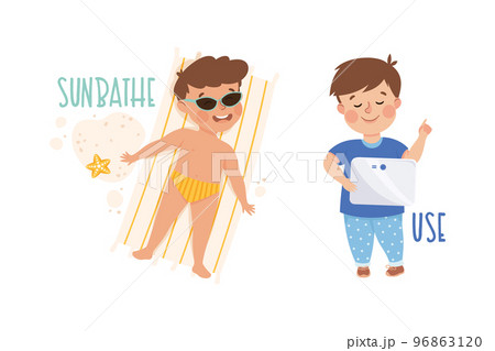 Little Boy Sunbathing and Using Tablet PC Demonstrating Vocabulary and Verb Studying Vector Set 96863120