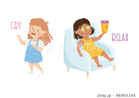 Little Girl Crying and Relaxing in Armchair with Soda Demonstrating Vocabulary and Verb Studying Vector Set 96863166