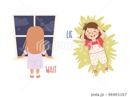 Little Girl Waiting Near Window and Lying on Meadow Demonstrating Vocabulary and Verb Studying Vector Set 96863167