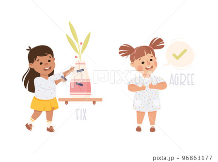 Little Girl Fixing Broken Vase and Agreeing Demonstrating Vocabulary and Verb Studying Vector Set Little Girl Fixing Broken Vase and Agreeing Demonstrating Vocabulary and Verb Studying Vector Set 96863177