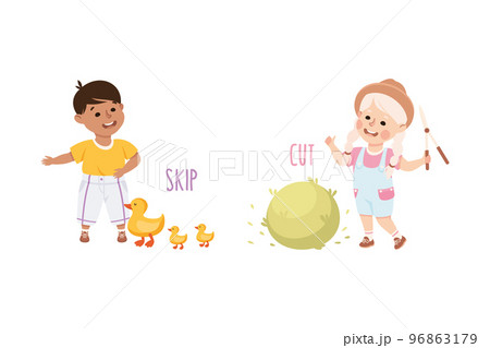 Little Boy and Girl Skipping Ducks and Cutting Bush with Garden Pruner Demonstrating Vocabulary and Verb Studying Vector Set 96863179