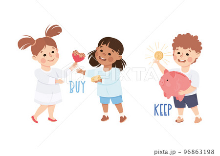 Little Boy and Girl Buying Cookie and Keeping Money in Piggy Bank Demonstrating Vocabulary and Verb Studying Vector Set Little Boy and Girl Buying Cookie and Keeping Money in Piggy Bank Demonstrating Vocabulary and Verb Studying Vector Set 96863198