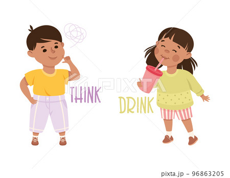Little Boy and Girl Drinking and Thinking Demonstrating Vocabulary and Verb Studying Vector Set 96863205