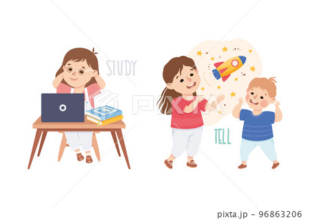 Little Girl Studying and Telling Fantastic Story Demonstrating Vocabulary and Verb Studying Vector Set 96863206