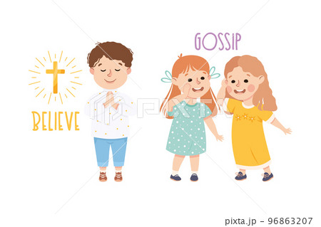 Little Boy and Girl Gossiping and Believing in God Demonstrating Vocabulary and Verb Studying Vector Set 96863207