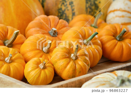 Several small pumpkins in a wooden crate on a wooden board. Several small pumpkins in a wooden crate on a wooden board. 96863227