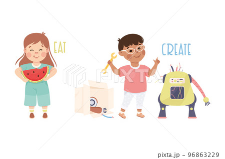 Little Boy and Girl Eating Watermelon and Creating Robot Demonstrating Vocabulary and Verb Vector Set Little Boy and Girl Eating Watermelon and Creating Robot Demonstrating Vocabulary and Verb Vector Set 96863229