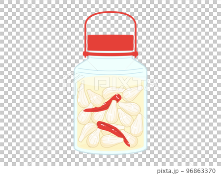 赤い蓋の果実酒瓶につけたラッキョウの甘酢漬けのイラスト 96863370