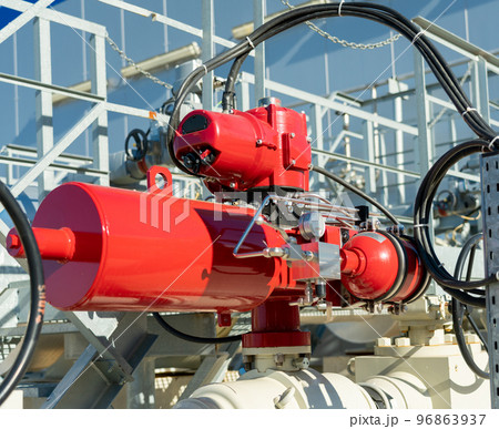 Emergency valve on gas equipment with a red actuator 96863937