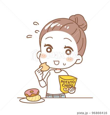 暴食する女性のイラスト　上半身 96866416