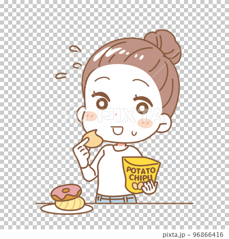 暴食する女性のイラスト　上半身 96866416
