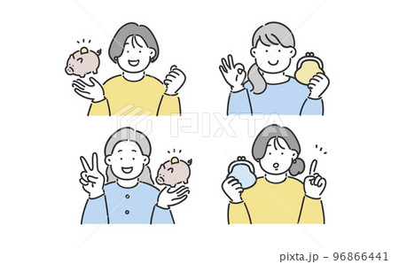 女性のイラストセット 貯蓄 財布 貯金箱 96866441