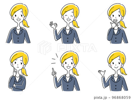 ハンドジェスチャーするスーツの女性イラストセット 96868059