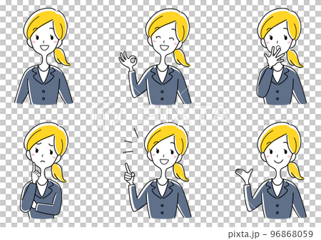ハンドジェスチャーするスーツの女性イラストセット 96868059