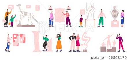 People in museum. Men and women on exhibition. Different painting showpiece. Persons look at dinosaurs and sculptures. Cultural development of population. Vector exposition visitors set People in museum. Men and women on exhibition. Different painting showpiece. Persons look at dinosaurs and sculptures. Cultural development of population. Vector exposition visitors set 96868179