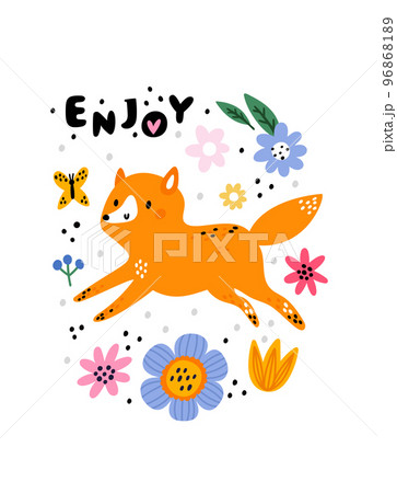 Funny fox card. Nordic kids style animal. Cartoon forest wildlife character. Enjoying cute predator. Orange vixen with wild blossoms. Woodland fauna. Vector childish Scandinavian banner 96868189