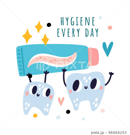 Children dentistry banner. Cartoon teeth characters. Oral hygiene steps. Molars carry toothpaste tube. Mascots with funny faces. Stomatology and dental care. Vector educational card 96868203