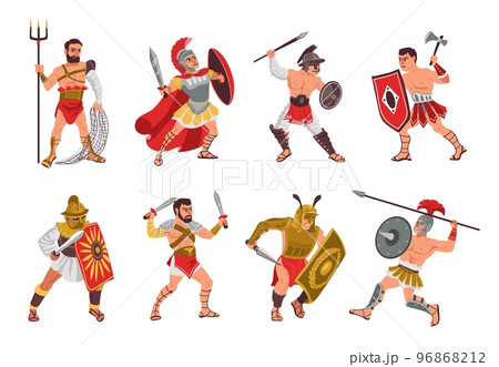 Ancient roman gladiators. People in armor. Warriors with different weapons. Helmets and shields. Historical soldier characters. Fighter poses with spears and axes. Splendid vector set Ancient roman gladiators. People in armor. Warriors with different weapons. Helmets and shields. Historical soldier characters. Fighter poses with spears and axes. Splendid vector set 96868212