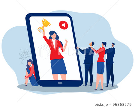 Imposter syndrome.woman standing on number one woman get reward on social with Anxiety and lack of self-confidence at work; the person fakes is someone else concept vector illustrator 96868579