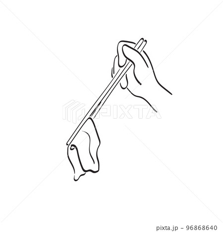 closeup hand using chopsticks to keep food illustration vector hand drawn isolated on white background line art. closeup hand using chopsticks to keep food illustration vector hand drawn isolated on white background line art. 96868640