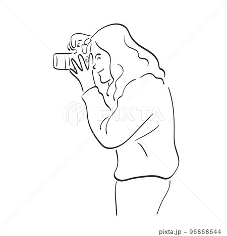 side view of female photographer using dslr camera illustration vector hand drawn isolated on white background line art. side view of female photographer using dslr camera illustration vector hand drawn isolated on white background line art. 96868644