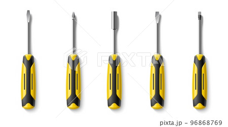 Realistic screwdrivers. Home worker tools with different heads. Cross, flat, insulating handles, hand repair instrument. Construction instruments. Top view 3d isolated elements utter vector set 96868769